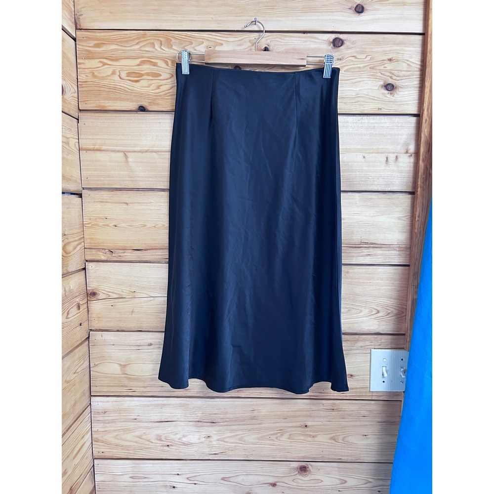 Black Satin‎ Bias Cut Midi Skirt Slip Minimalist Y2K Chic Size MEdium